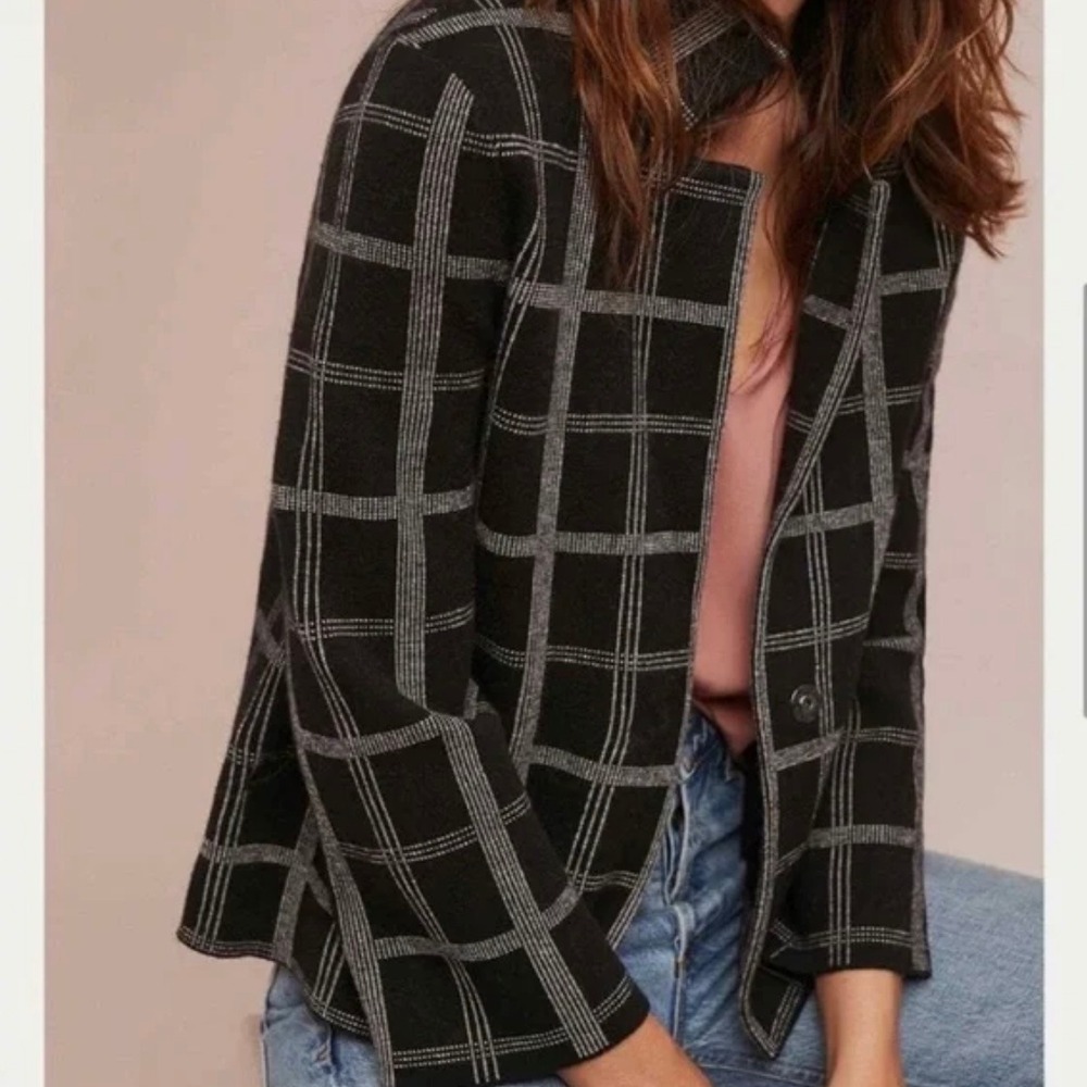 Moth Anthropologie Small Black White‎ Windowpane Plaid Knit Blazer Cardigan